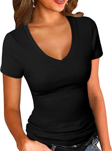 ELFIN Damen T-Shirt Gerippt Slim Fit Basic Tee Shirts V Ausschnitt Kurzarm Sommer Tshirt Stretch Oberteile Casual Bluse Tops Einfarbig, Schwarz, S