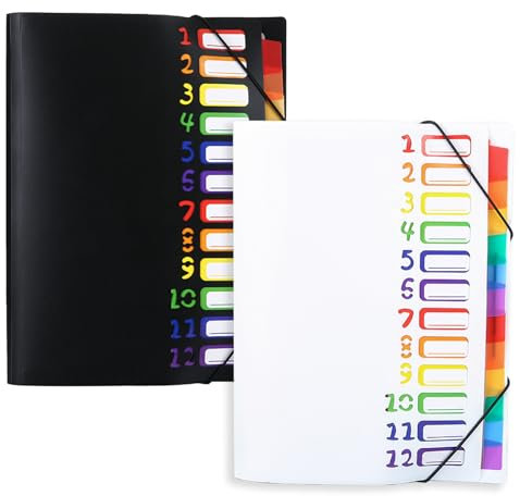 2 Stk Dokumentenmappe A4, Fächermappe A4, Ordner Organizer, Sparmappe Tragbar Fächermappe Mit 12 Fächern, Pultordner Mit Gummizug, Wasserdicht, Für Schule Bürobedarf(Schwarz Und Weiß)