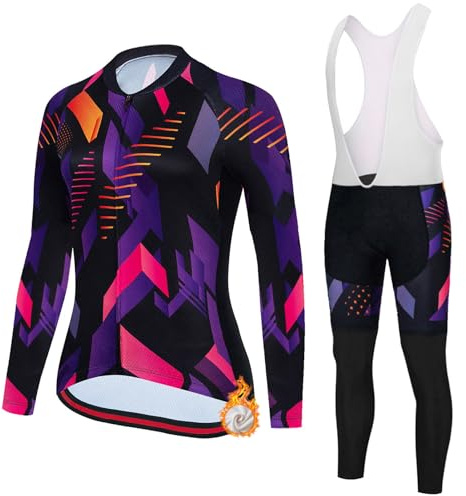 Completo Ciclismo Donna Invernale Abbigliamento Bici MTB,Maglia da Ciclista Maglietta Ciclo Termico Vello Giacca Manica Lunga e Salopette Pantaloni con 19D Gel Imbottiti,Completi Tuta da Bicicletta