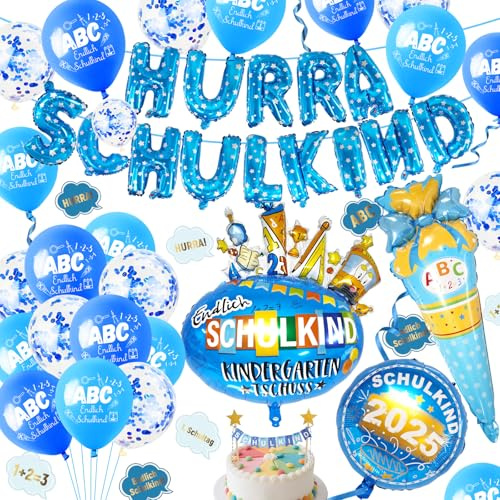 Deko Einschulung Junge 2025, Schulanfang Deko mit Zuckertüte Folienballon, SCHULKIND Luftballon, ABC Luftballons, SCHULKIND Banner und SCHULKIND Girlande, Streudeko Einschulung Geschenk