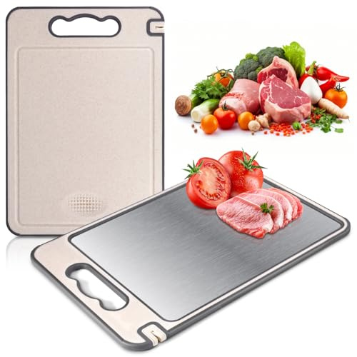 OUZHOU Tabla de cortar, tabla de cortar de acero inoxidable, calidad alimentaria, acero inoxidable 304 y material de paja de trigo, seguro y no tóxico, tablas de cortar con ranura para zumo y borde