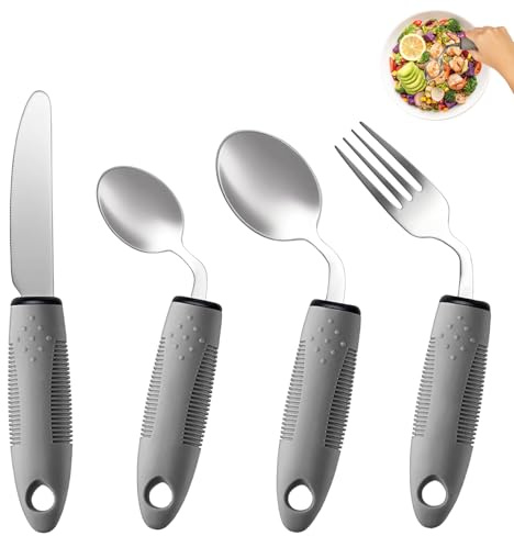 Parkinson Besteck (4-teilig) – 42° Winkel Adaptives Besteckset bei Parkinson, Handzittern und Arthritis, Gewichtetes Besteck, Ergonomische Esshilfen mit rutschfestem Griff (Silber)
