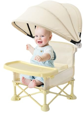 Uozonit Tragbarer Babysitz mit Tablett, zusammenklappbarer Baby-Fütterstuhl für Kleinkinder, Esszimmersitz mit Baldachin, für Outdoor, Camping, Picknick, Reisen, Rasen, Zuhause