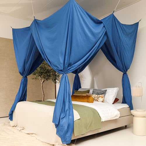 Blauer Betthimmel für Doppelbett | Rechteckiges Luxuriöses Moskitonetz | Dekorativer Baldachin für Bett XXL | Himmelbett Vorhänge, 4 Öffnungen