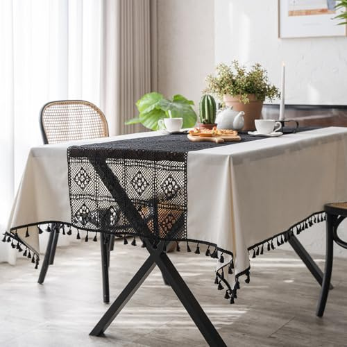 JANGYUHH Tischdecke Abwaschbar Boho Schwarz Retro Mit Quasten Outdoor Baumwolle und Leinen Tischdecken 100x140 cm Tisch Deko Tischwäsche Dauerhaft Kratzfest für Wohnzimmer, Esszimmer, Garten