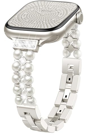Slim Metal Beaded Strap for Apple Watch Straps Series 11-1 SE 3 2 1 Women | Thin Luxury Metal Band Adjustable Pearl Bracelet for iWatch 40mm 42mm 41mm 38mm 46mm 44mm 45mm Ultra 3 2 1 49mm