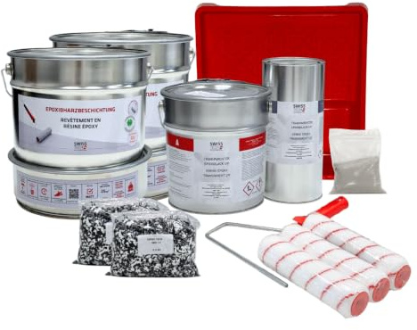 Baumax 2K Epoxidharz Set für bis zu 25 m² mit Top Coat Versiegelung | RAL 7001 – Silbergrau, 12,7 KG | Epoxidharzboden für Garage, Keller | Rutschfest, Chemikalienbeständig | SwissTech