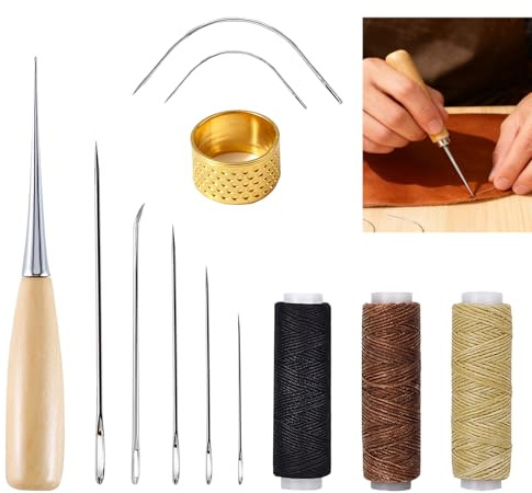 12 Pack Leather Needle and Thread, 30M Waxed Thread Kit, Hand Sewing Set with Awl Curved & Straight Needles Thimble for DIY Leather Repair Fabric Craft Bags Belts Shoes Wallets Furniture Stitching