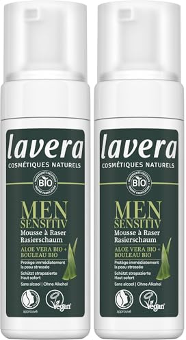 lavera Men sensitiv Mousse à raser - protège immédiatement la peau stressée - soin doux - sans alcool - soins pour hommes - vegan - 150 ml (Lot de 2)