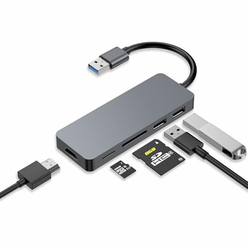 ZanBix Hub USB 5 en 1, Adaptador Multipuerto USB 3.0 con HDMI, 2 Puertos USB A 2.0, Lector de Tarjetas SD/TF, Docking Station USB A Compatible con Win11/10/8/7/XP/macOS (No Vista/Linux) (Silver)