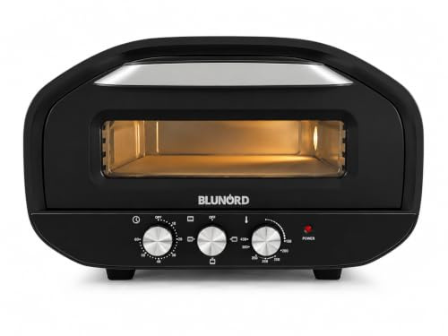 BLUNORD Forno Pizza Elettrico Manuale BLUFP 4025, 430°C, 2200W, per Pizza fino a 30 cm, Pietra e Pala Incluse, 3 Manopole, Timer 60 min, Doppio Vetro, Nero