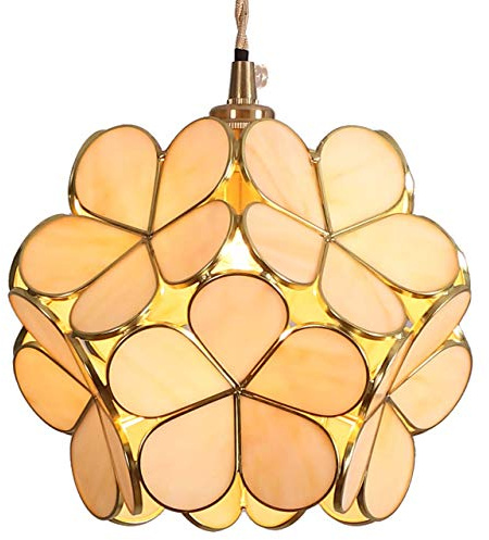 Bieye Suspension de plafond en vitrail style Tiffany Pétales, avec abat-jour de 8 pouces de large (Blanc crème, Cerisier en fleurs de 8 pouces)