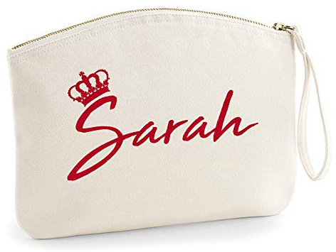 Personalisiert Name Initialen Kosmetiktasche Damen Schminktasche Handtasche Zubehör Taschen - Natürlich - L (28 x 22 cm) - Rote Flocke Königinnen Krone