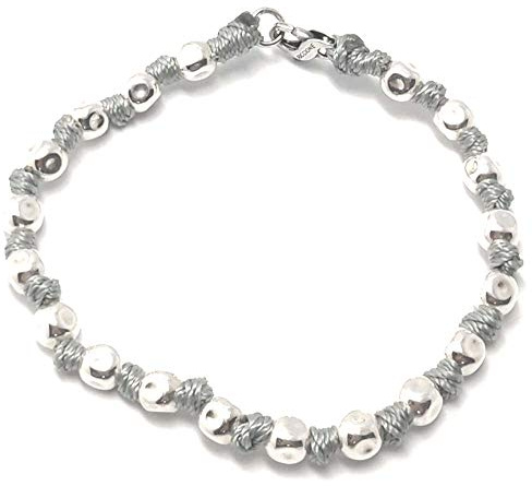 Spadarella Schwert-Armband mit Nuggets aus 925er Silber mit einem Durchmesser von 6 mm und grauer nautischer Baumwolle. Handgefertigt. Uni. Länge 19 cm., 19 cm, Baumwolle