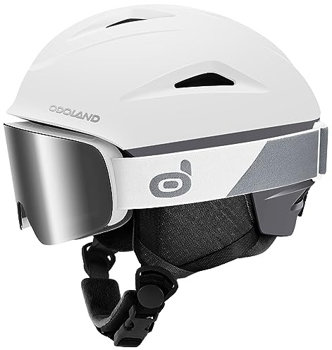 Odoland Casco Esquí con Gafas Esquí, Casco Esquí para Hombre Mujer y Jóvenes, Casco Deportes de Invierno con 10 Orificios de Ventilación, Forro Extraíble, Tmaño Ajustable, Blanco, S