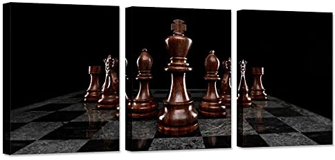 Biuteawal 3 Stück Wanddekoration Schach Leinwand Wandkunst Poster Prints Holz Schach König Ritter Bild Vintage Leinwand Drucke für Home Office Spielzimmer Männer Schlafzimmer Dekor Gerahmt fertig zum
