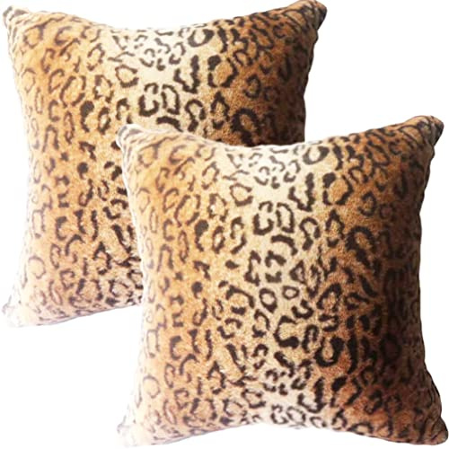 Entua Faux Fur Throw Pillows, Set of 2 Decorative Square Couch Pillow Covers, Leopard Cheetah Print Luxury Soft Plush Animal Pillowcase for Sofa, Bedroom Living Room Decor, 18x18, Brown