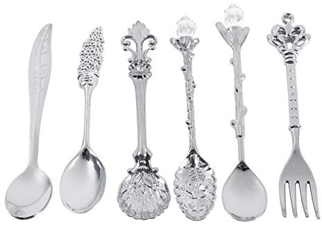 Tyenaza Vintage LöFfel, Retro Kaffeelöffel Vintage LöFfel, Kaffee Teelöffel Gabel Kit Vintage Royal Style Metallgabel Geschnitzt Kaffee Milchlöffel Kaffee Zubehör 6Pcs/Set(Silber)