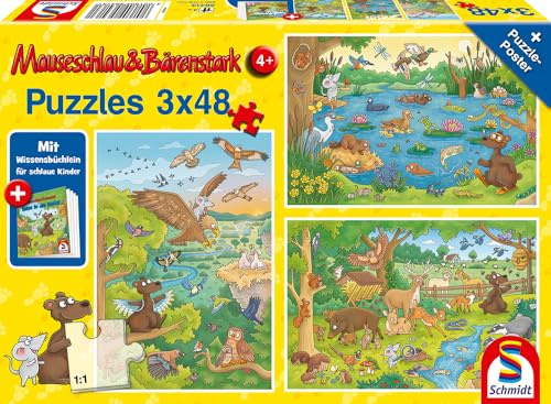 Schmidt Spiele Mauseschlau und Bärenstrak, Reise in die Natur, 3x48 Teile Kinderpuzzle, mit Wissensbüchlein