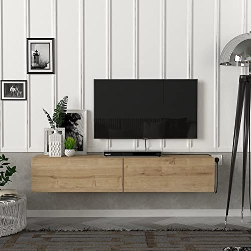 moebel17 8461 Aristo TV Lowboard Hängeboard Sideboard Board hängend oder stehend, Beige Braun, Holz, mit Türen viel Stauraum, für Wohnzimmer, Designerstück,135 x 25 x 31,6 cm