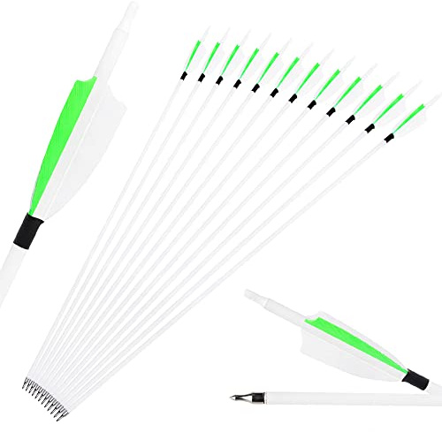 SHARROW Bogenschießen Carbonpfeile 30 Zoll Jagdpfeile Bogenpfeile Pfeile für Bogen Spine 500 mit Natürliche Feder für Außenaufnahmen (12 Stück, Fluoreszierendes Grün)