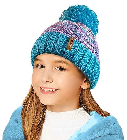 Flickor STORMACTIVE 100 % vattentät varm kabelstickad vintermössa med pompom, glitterhöjdpunkter och termiskt mysigt foder, Turkos ombre, one size
