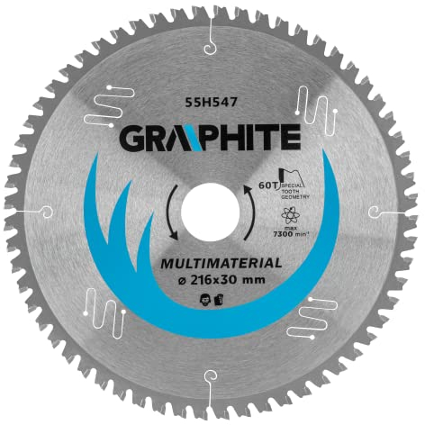 GRAPHITE Sägeblatt, widia, 60-80 Zähne FWF, Kürzungen 25.4/20/16, silent line, sauberer Schnitt, bestimmt für: Stahl, Aluminium, Holz, Kunststoff Stahl, Aluminium, Holz, Kunststoffe (216 x 30 mm)
