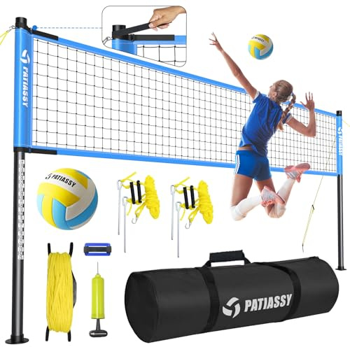Patiassy Outdoor Volleyball Net System Portable and Easy Setup Adjustable Height Poles with Volleyball, Pump, Hammer, Boundary Line, and Carry Bag for Backyard, Beach, Lawn（Blue）