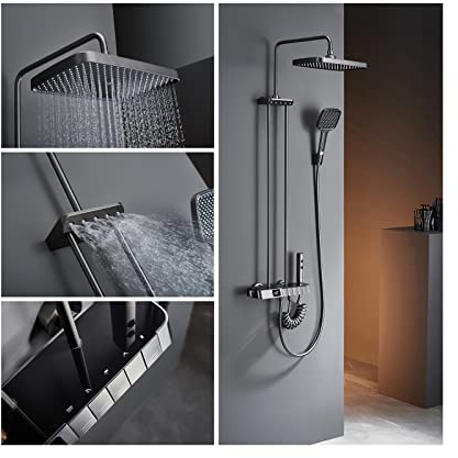 Duschsystem mit Thermostat Pistolengrau, Mischbatterie Duschset Duschsäuleset mit Digitalanzeige, Regendusche aus Messing, 30cm Kopfbrause, Handbrause mit 3 Strahlstärken, Schulterbrause