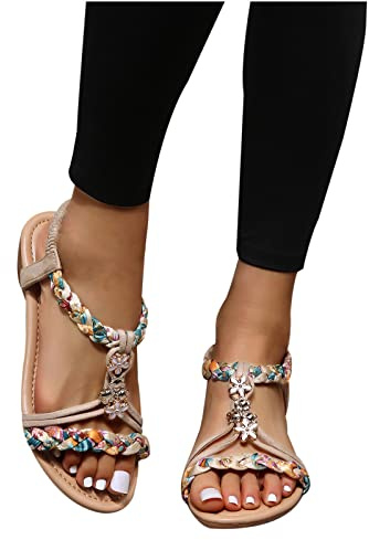Azaz Sandales Femme Été Bohême Plates Bout Ouvert Confortables Chaussures Tongs De Plage Décontracté Mode Mules Respirantes Semelles Épaisses Compensées Claquette