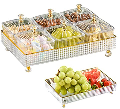 Serving Platter, Divided Serving Tray Set Transparent Fruit Tray with Lid 6 Grids Fruit Bowl Box Set Divided Nut Bowl Plastic Desserts Serving Plate Snack Candy Tray
