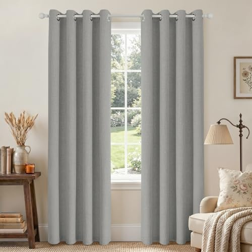 Joydeco Hellgraue Verdunkelungsvorhänge, 244 cm lang, für Wohnzimmer, 100% Verdunkelungsvorhänge für Schlafzimmer, Leinen-Raumverdunkelung, Jute, strukturierte Vorhänge (106,7 x 241,3 cm, Hellgrau)