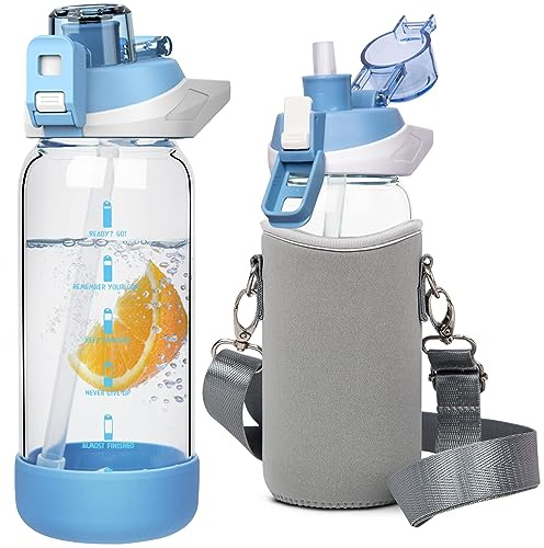 Seekua 600ml Glass Water Bottle with Straw & Time Markings BPA free Motivational Glass Drinking Bottle Leakproof