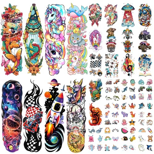 52 tatuaggi temporanei per bambini – Rocket Car Dinosaur Planet & Unicorn Castle Cat Body Tattoos for Boy & Girl