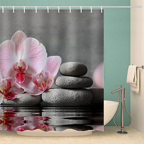 okoikfc Duschvorhang 180x200 cm Grauer Stein, 3D Orchidee Duschvorhang Anti-Schimmel Textil, Shower Curtains Polyester Stoff Wasserdicht Duschvorhänge für Badezimmer, Bad Vorhang mit 12 Haken