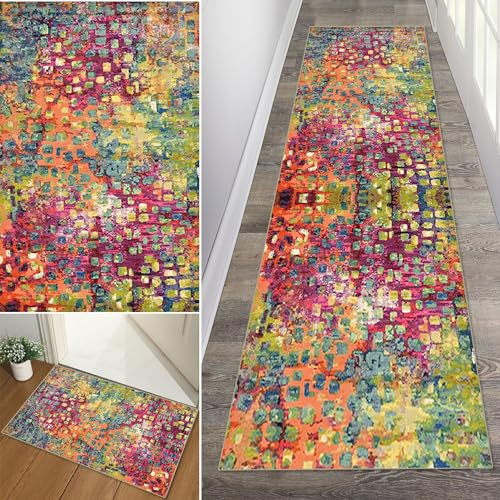 Baoeray Teppich Läufer Flur rutschfest 40 * 250cm Vintage Abstrakt Bunt Wellenpunkt Küchenteppich Läufer Weich Waschbar Flurteppich Läufer Lang Fur Korridor Wohnzimmer Schlafzimmer Anpassbare Größe