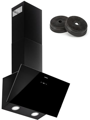 Klarstein Laurel Kopffreihaube - 60cm Winkel-Abzugshaube, 417 m³/h, Touch-Bedienung, LED-Beleuchtung, A+++ Energieeffizienz, Umluft & Abluft, leise, Glasdesign, dunstabzugshaube, Schwarz