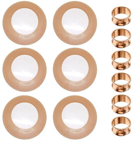 Trimming Shop 13-Inch Glass Charger Plates with Rose Gold Checkered and Hammered Napkin Rings pack of 6 Ideal for Weddings, Banquets, Birthdays, Dinner Parties, Catering, and Event Decor