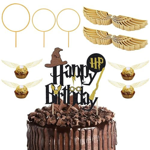 ALEGRE® 54 Stück Glitter Magier Happy Birthday Tortendeko,Wizard Cupcake Topper Deko,Golden Snitch Wings Schokolade Cake Topper Geburtstag,Kindergeburtstag Party Kuchen Deko,Magic Theme Party Supplies