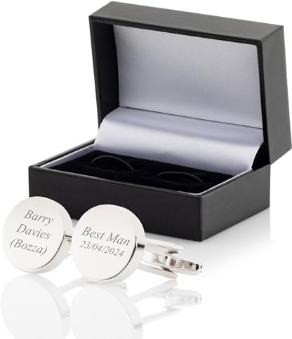 Personalised Best Man Cufflinks In Luxury Leatherette Case - Engraved With Your Custom Text - 4 Shapes and 2 Colours To Choose From (Oval, Silver Plated)