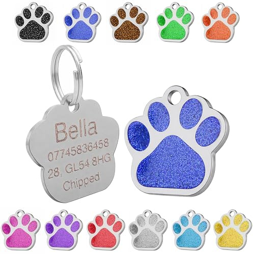Personalised Engraved Dog Tag | Cat Tag | ID Tag for Pets | Stainless Steel Glitter Paw Print Name Tags 27mm (Blue)