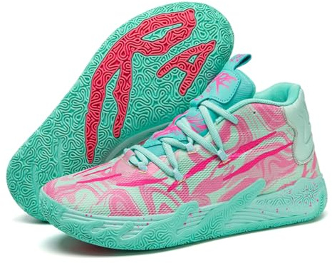 Wqsugnt Mens Multicolor High Top Basketball Shoes Non-Slip Breathable Running Shoes Fahsion Lightweight Outdoor Gym Sneakers (Pink -Green,6)