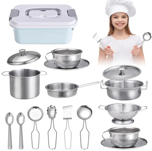 Juguetes de Cocina para niños Accesorios, 17 Piezas Juguetes de Chef para Niños, Juguetes de Acero Inoxidable con Ollas y Sartenes, Juego de Roles de Cocina, niños y niñas