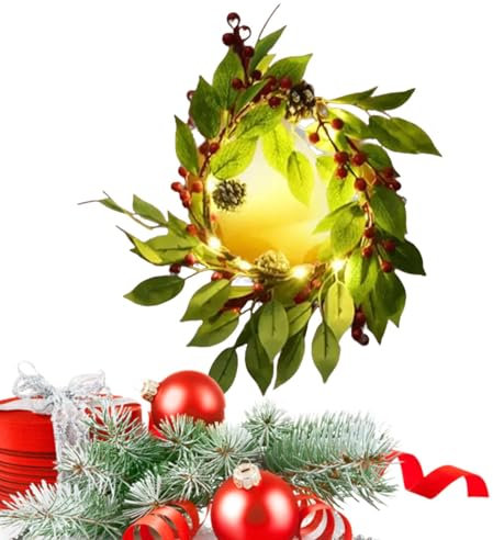 Weihnachts-Türkranz mit Lichtern, beleuchteter Weihnachtskranz, Tannenzapfen 8 Zoll vorbeleuchteter Weihnachtstürkranz, Rustikale Fenster-Wanddekoration für den Innenbereich, künstlicher für die