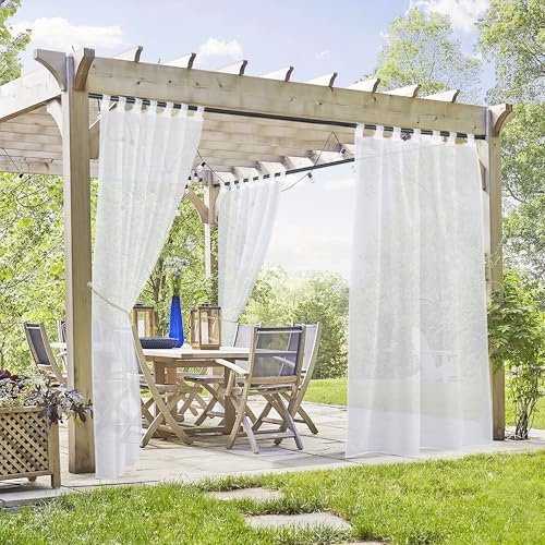 PONY DANCE Cortinas Impermeables de Exterior, Visillos Blancos Transparentes con Trabillas Adhesiva para Salon/Dormitorio, 2 Piezas, 137x274cm(Ancho x Alto)