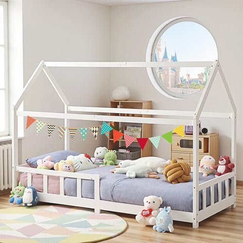 FetiNes Kinderbett 90x190 Hausbett Kinder inkl. Rausfallschutz und Rolllattenrost, Montessori Bodenbett Spielbett Jugendbett weiß aus Massivholz Kiefer