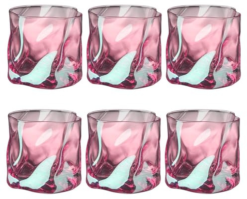 LOITTAINUE Gläser Set 6 Teilig 200ml - Unregelmäßiges Kristall Whiskeygläser - Trinkgläser Eiskaffeegläser Cocktailgläser Longdrinkgläser Wasser Tee Kaffee Saft - Spülmaschinenfest (Rosa)