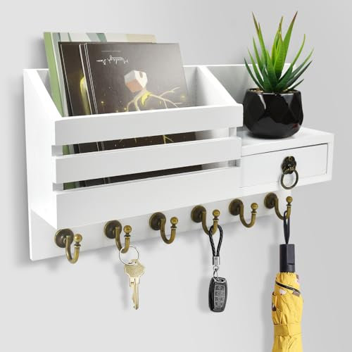 LPAMABA Holz Schlüsselbrett mit Ablage Schlüsselregal Wand Schlüsselboard mit Holztablett Schlüsselhalter 6 Haken Schlüsselhaken Schlüsselaufbewahrung Schlüsselleiste Schlüsselablage Eingang Flur Weiß