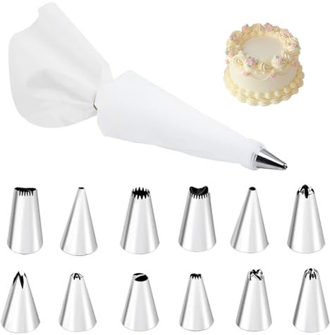Yewseas Spritzbeutel Set, Profi mit 12 Edelstahl-Garniertüllen, 1 wiederverwendbare Baumwoll-Spritzbeutel (31 cm) und Adapter, für Torten- und Kuchendekoration, Backen, Cupcakes