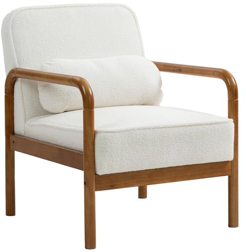 HOMCOM Loungesessel aus Bouclé-Stoff, moderner Relaxsessel mit Kissen und Rahmen aus Hevea-Holz, Sessel für Schlafzimmer, Wohnzimmer, Esszimmer, weiß